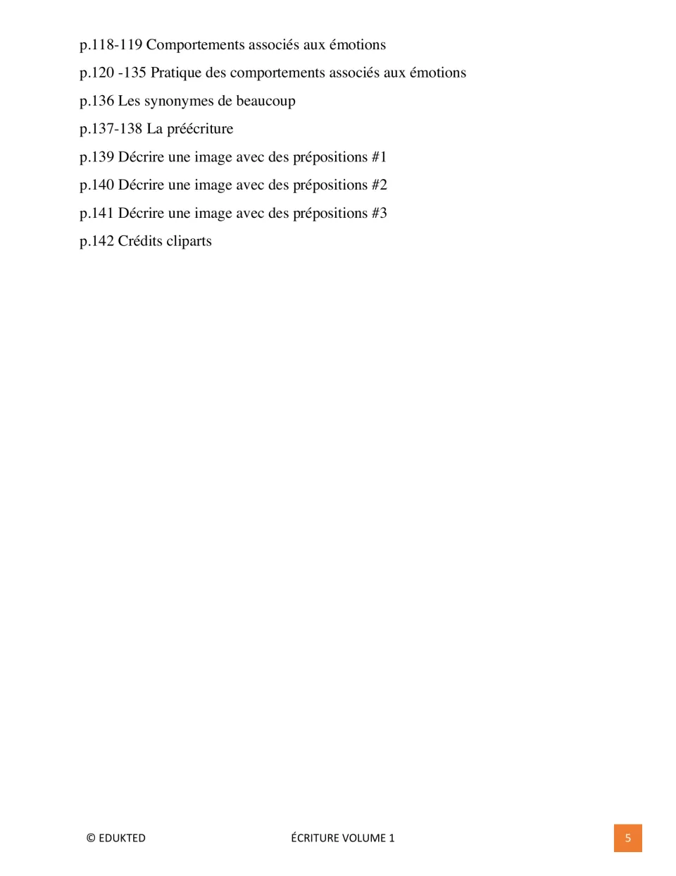 Contents, part 3: emotion-related behavior, prewriting, picture descriptions, and credits on pages 118–142