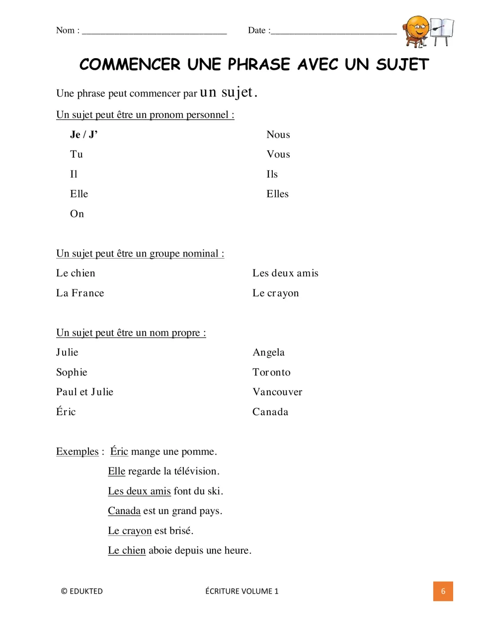 French sentence-opening lesson on subjects: personal pronouns, noun groups, and proper nouns, with examples