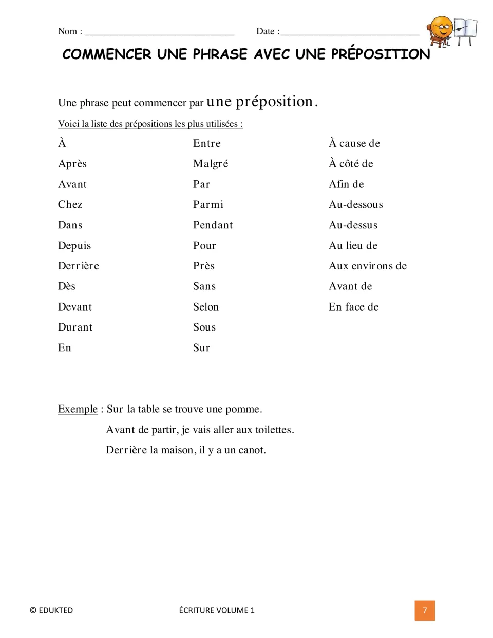French sentence-opening lesson on prepositions, including après (after) and avant (before), with examples