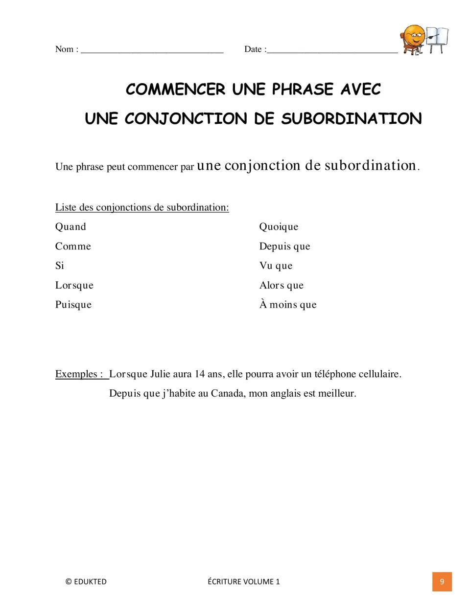 French sentence-opening lesson on subordinating conjunctions, including quand (when) and si (if)