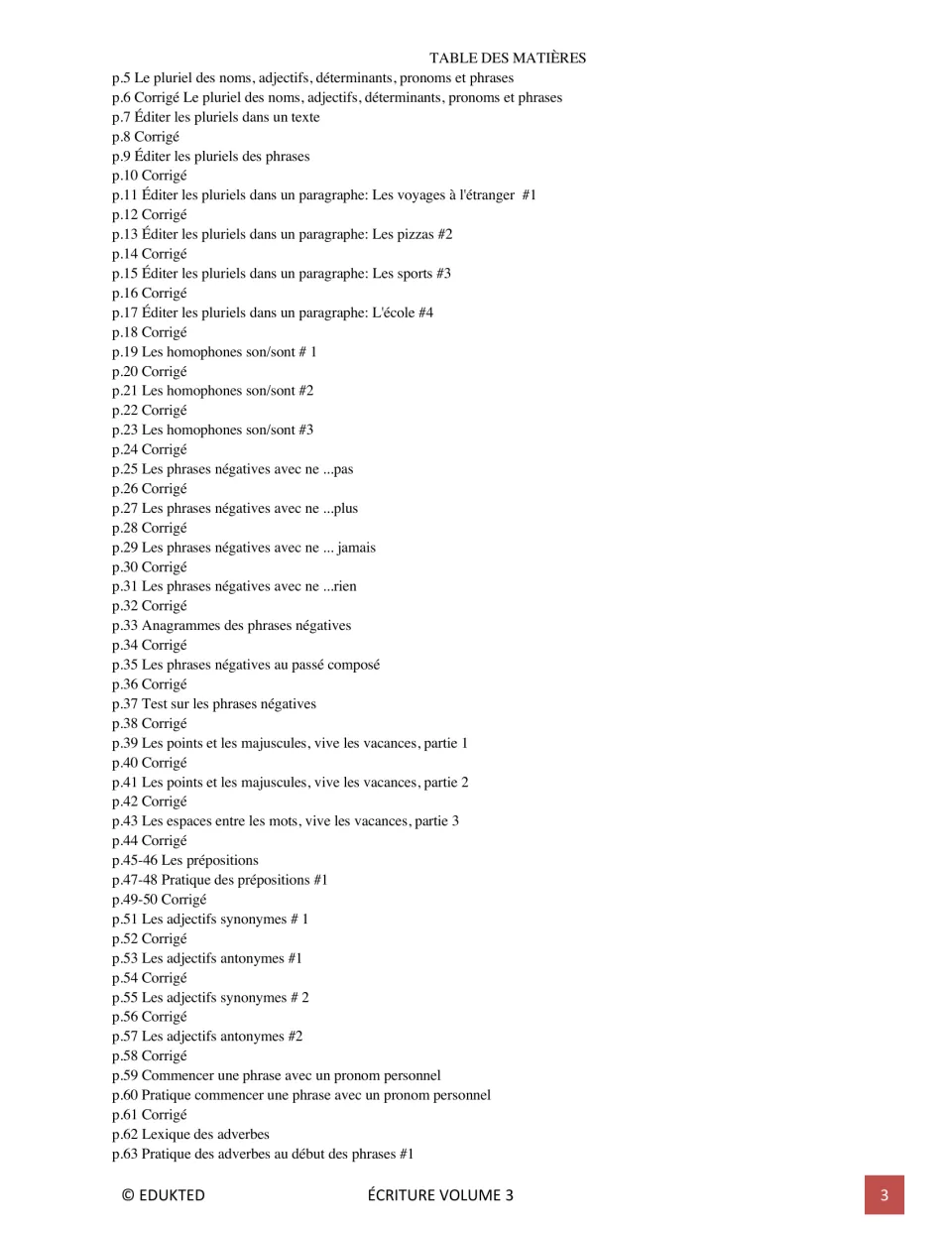 First contents page lists French plural practice, son/sont homophones, negatives, prepositions, and adverbs