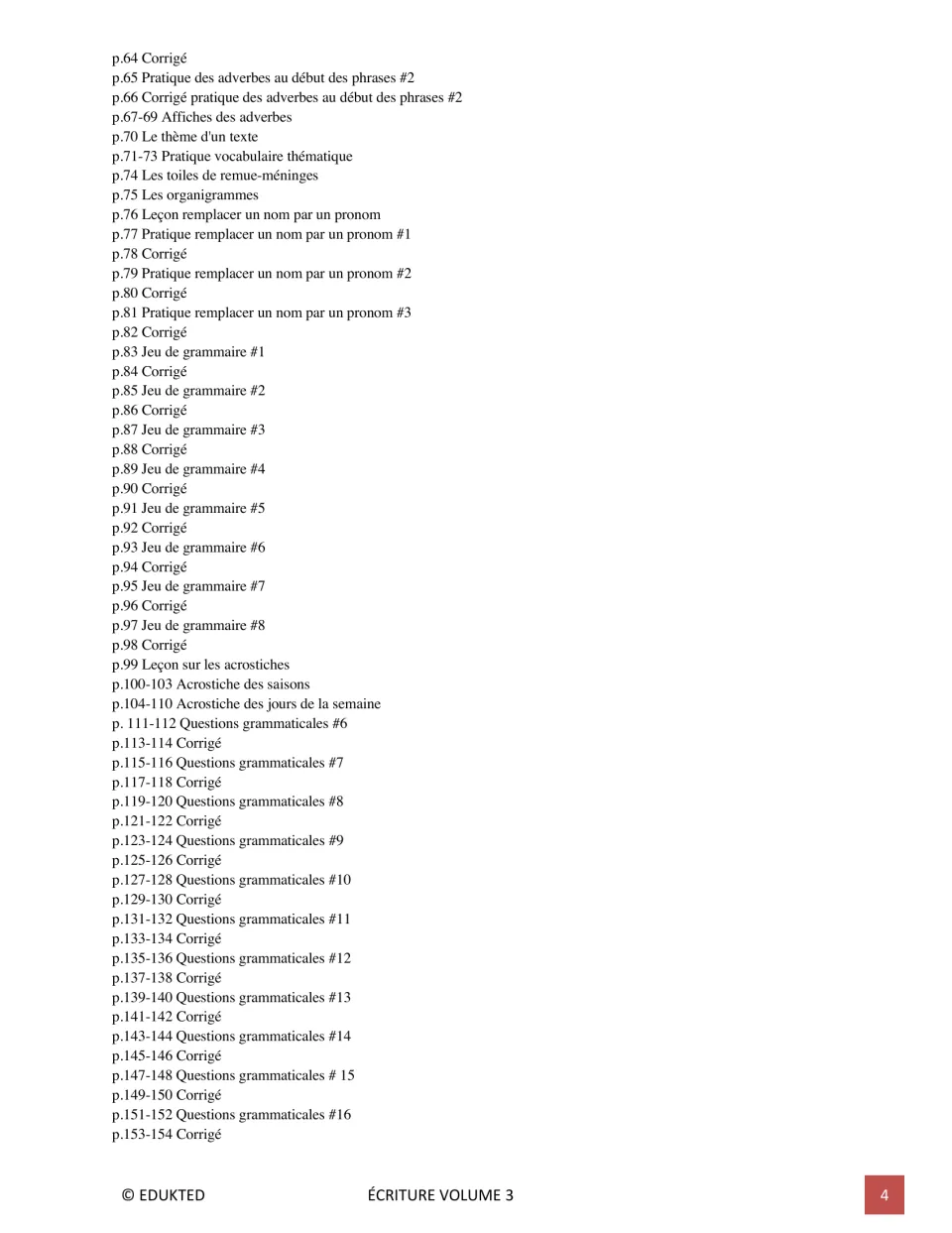 Second contents page lists French adverbs, thematic vocabulary, pronouns, grammar games, and acrostics