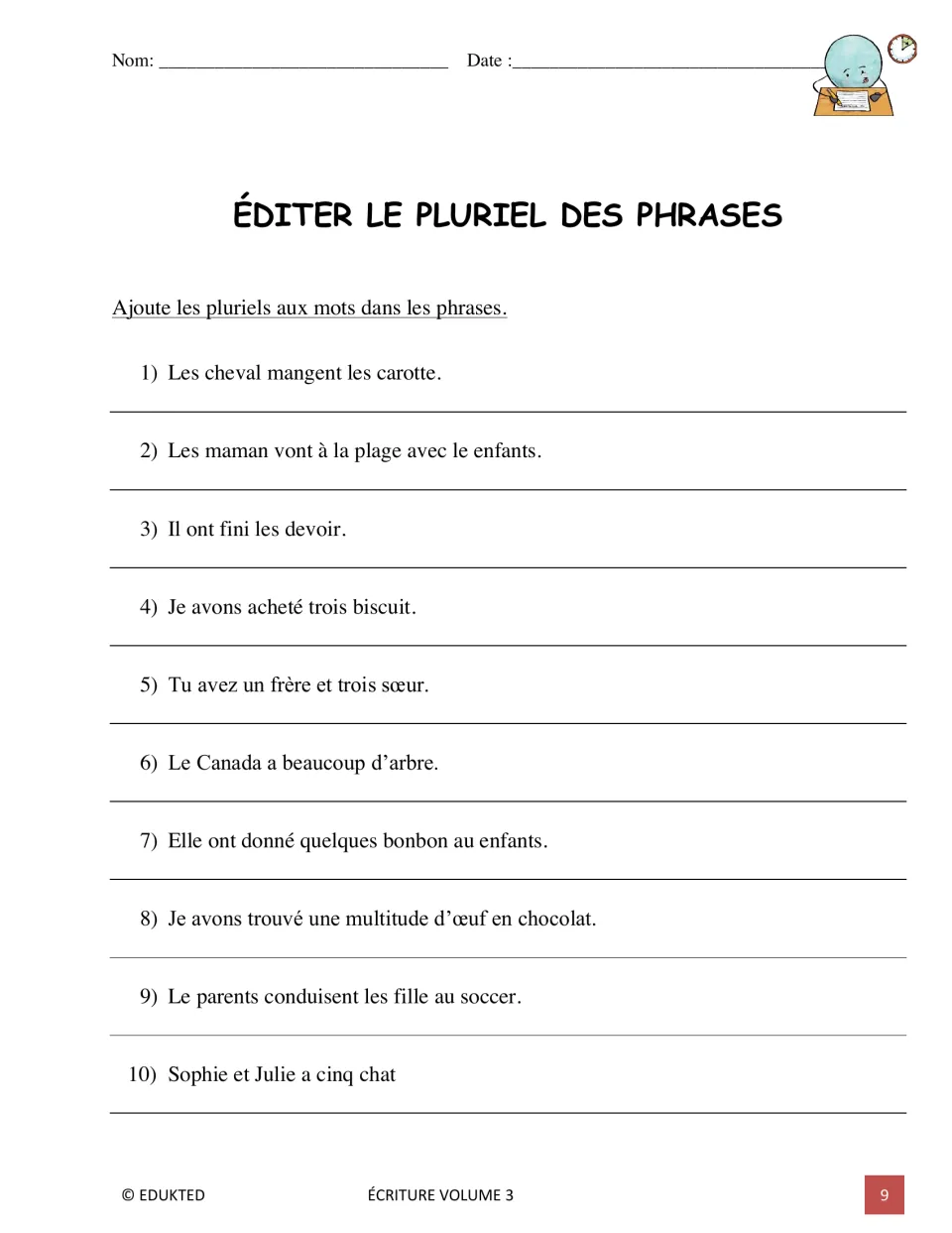 French plural sentence practice asks students to correct 10 sentences about horses, families, and more