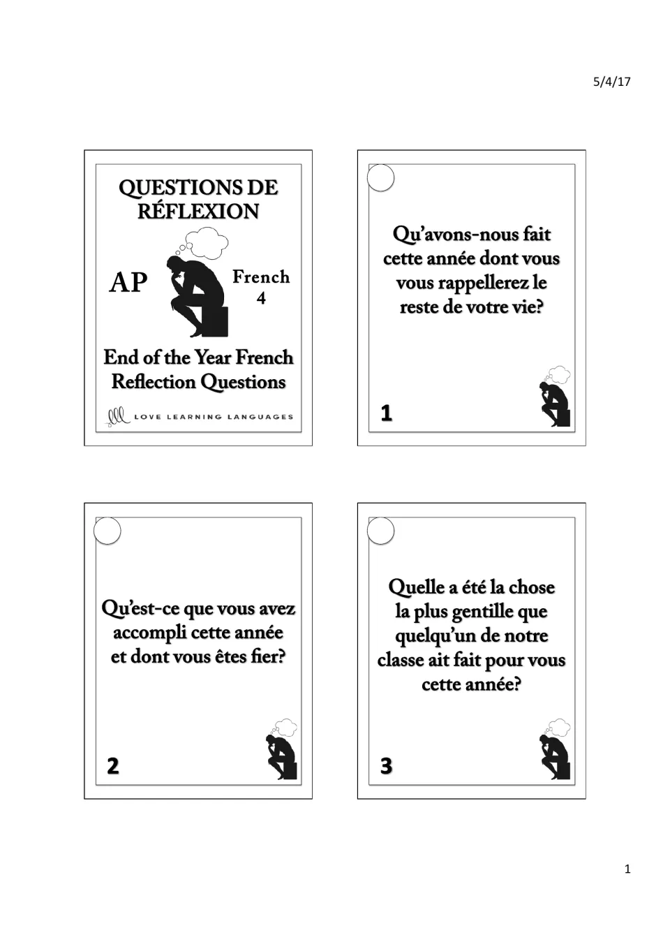 Title card 'Questions de réflexion' plus cards 1–3 on a lasting memory, a proud achievement and a kind act