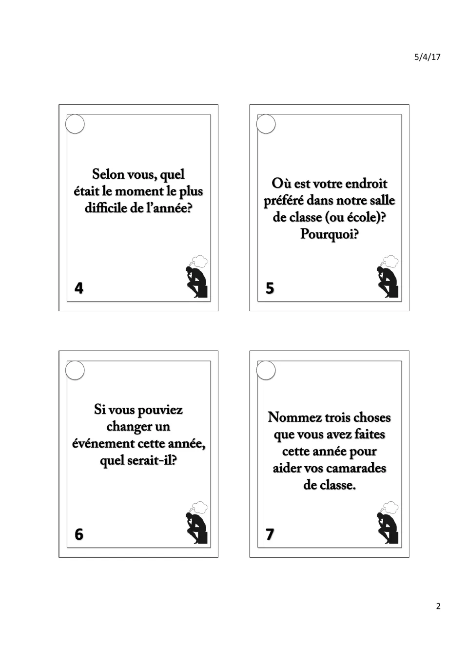 Cards 4–7: the year's hardest moment, a favorite spot in class, one event to change and three ways you helped peers