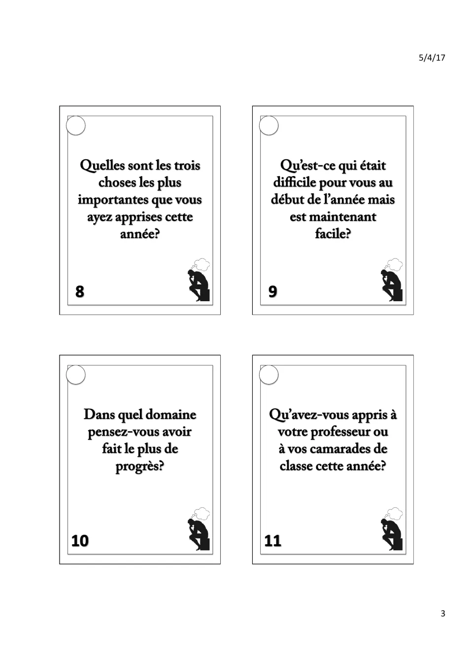 Cards 8–11: three most important things learned, what became easy, area of most progress and what you taught others