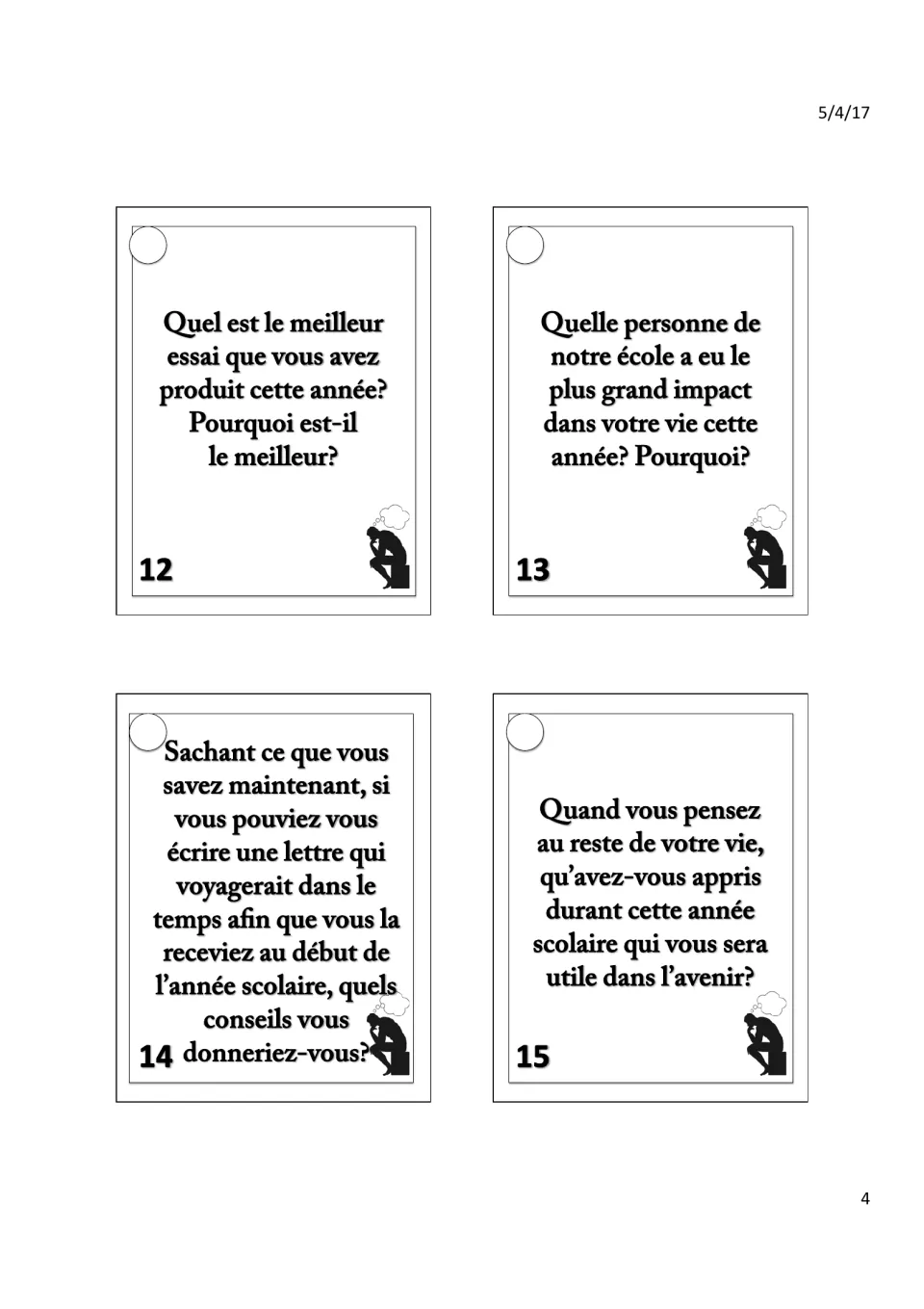 Cards 12–15: your best essay, the person with the most impact, advice to your past self and lessons for the future