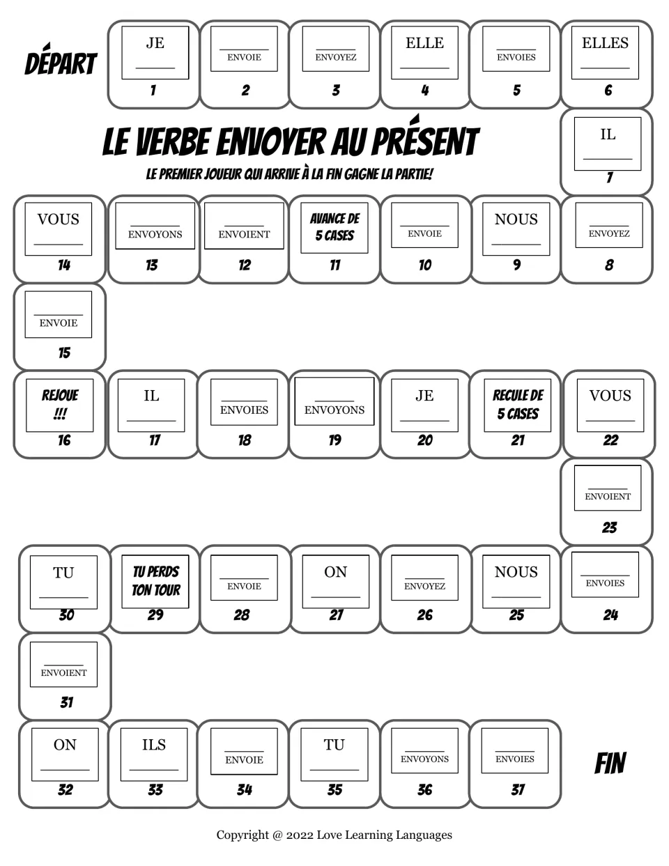 French board game for envoyer (to send): 37 spaces with present-tense pronoun and verb prompts and actions.