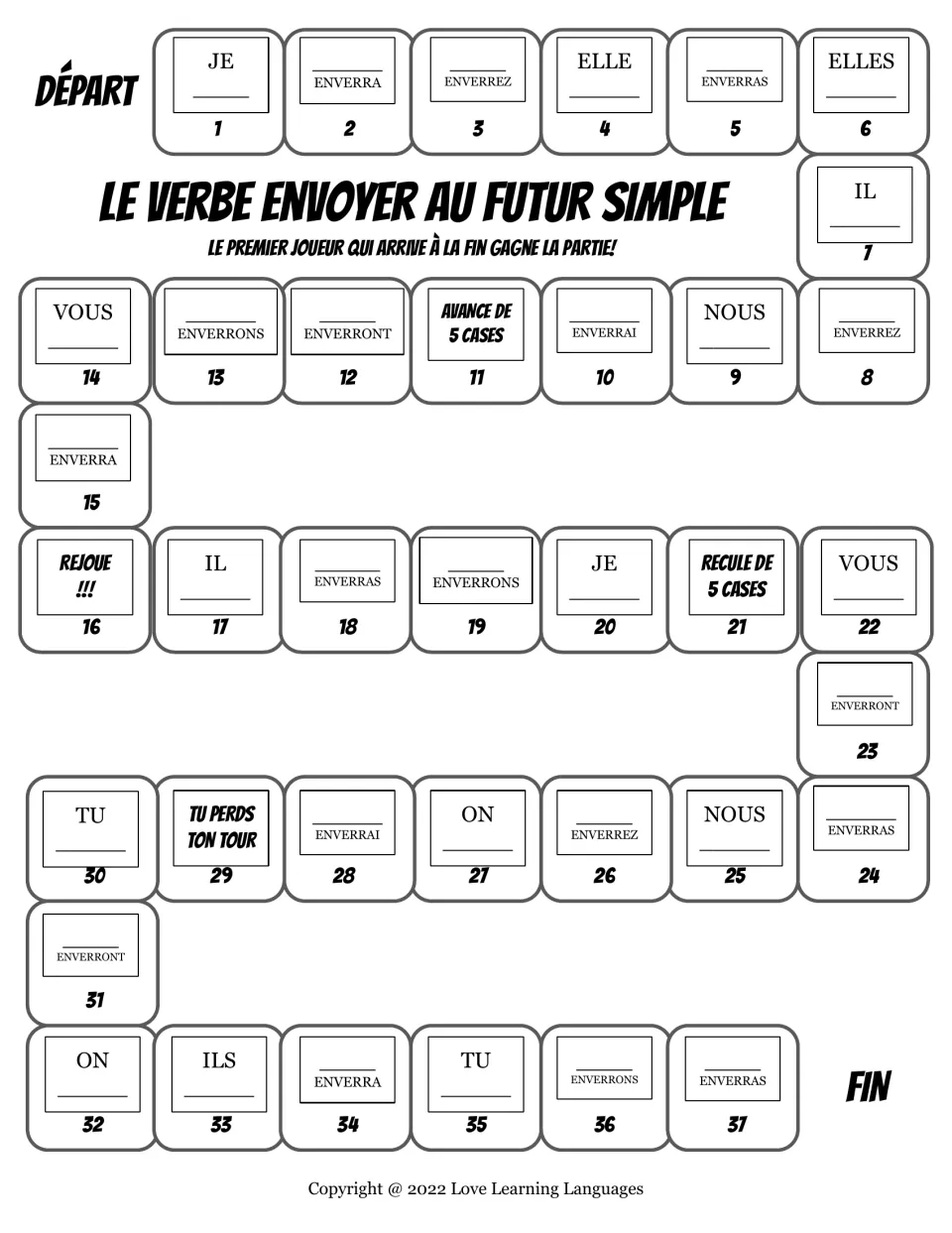 French board game for envoyer (to send) in the simple future, with 37 spaces for pronouns, verbs, and moves.