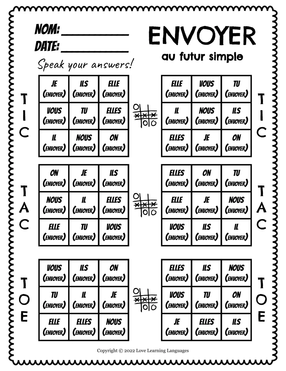 Speaking practice for six tic-tac-toe games conjugating envoyer (to send) in the French simple future tense.