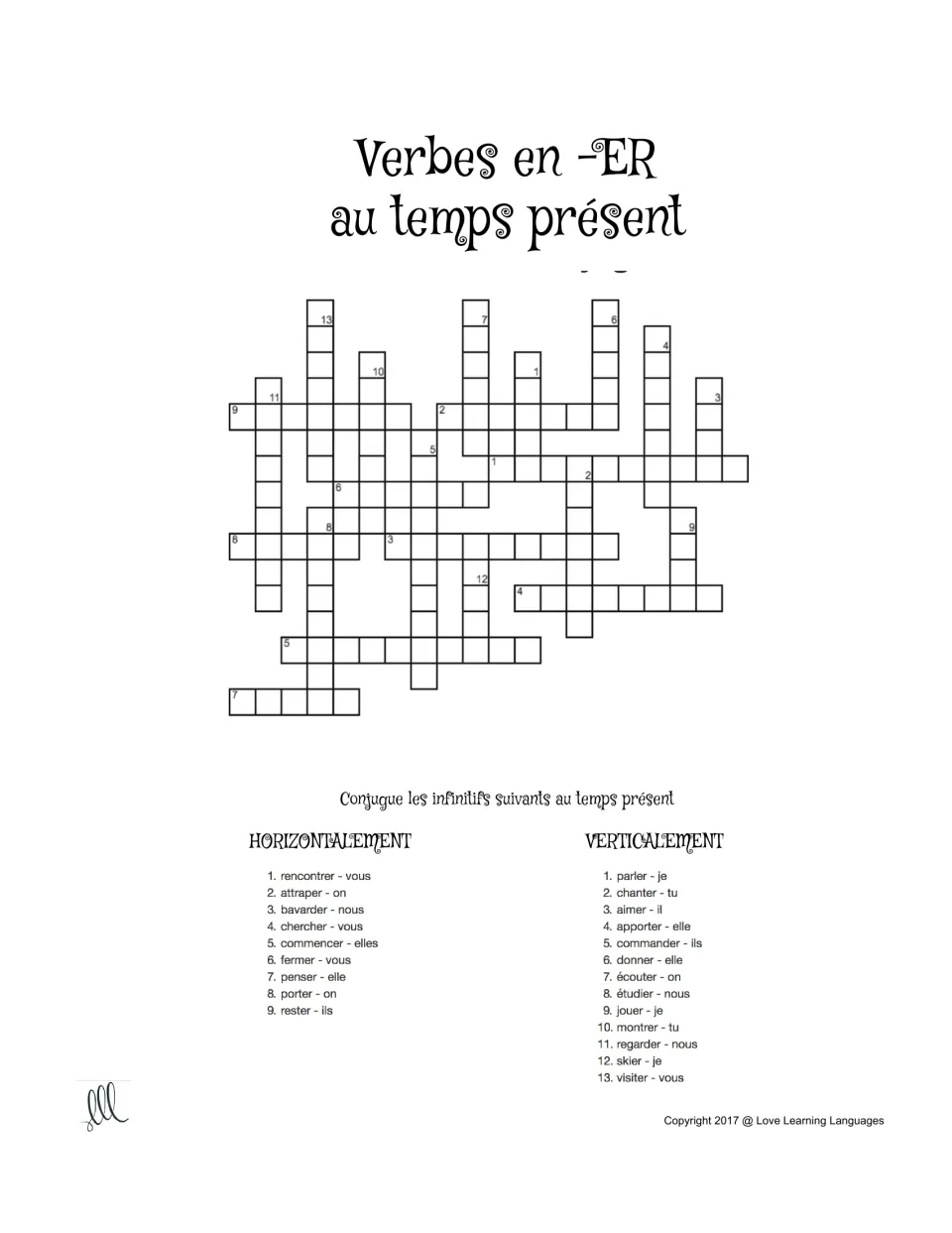 French present-tense -ER verb crossword: 22 clues pairing infinitives with pronouns, including parler (to speak)