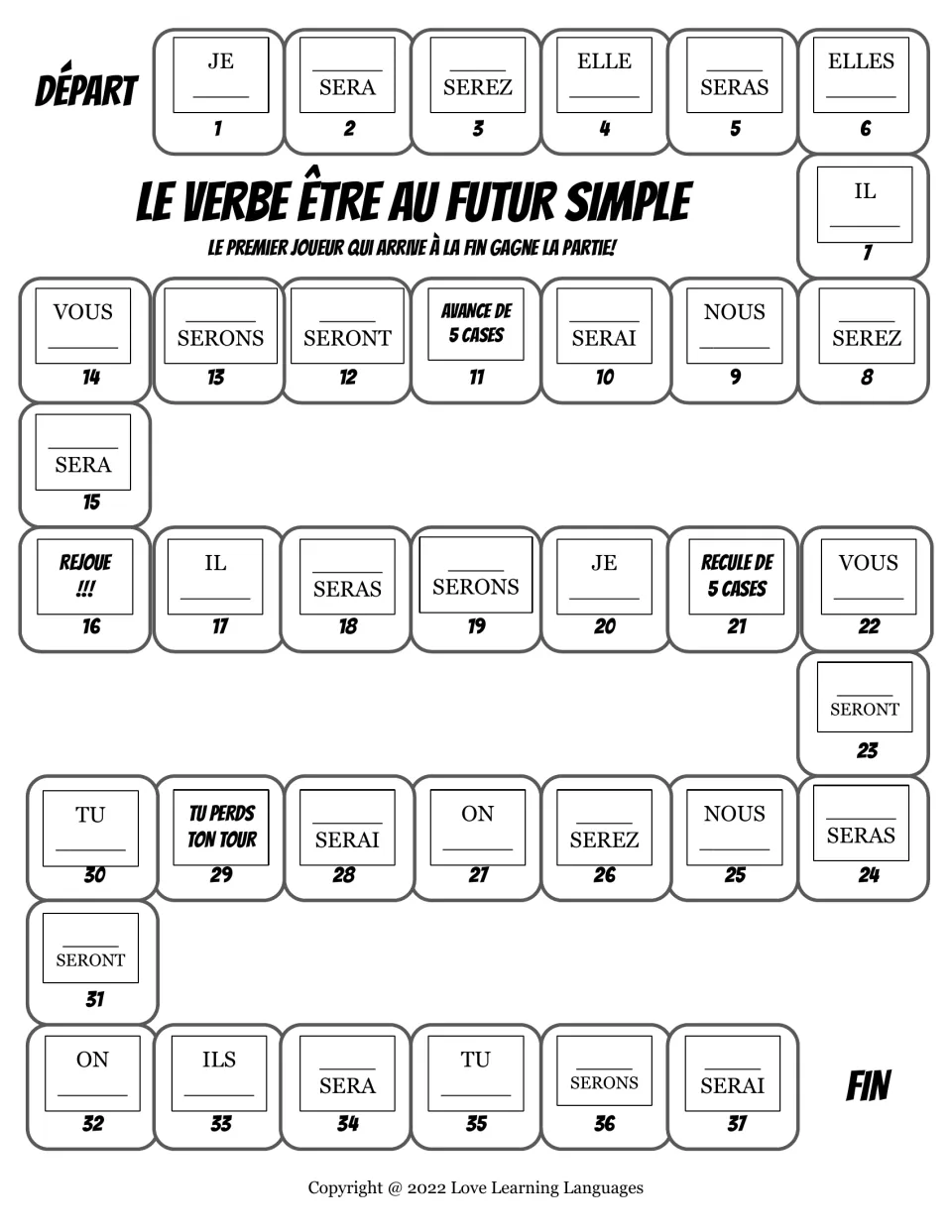 French conjugation game board: 37 spaces practicing être (to be) in the futur simple, with turn commands.