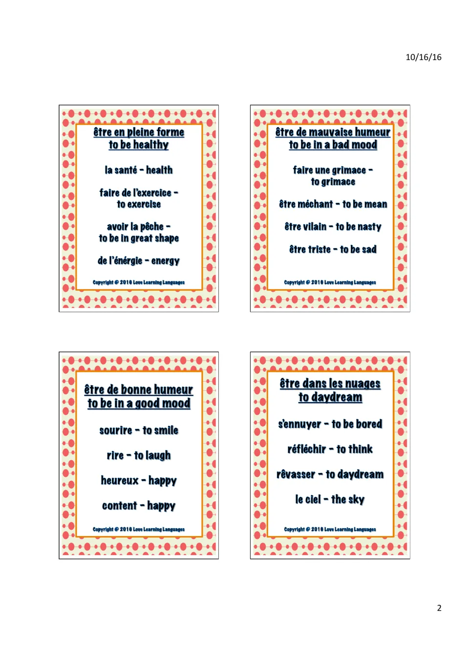 Taboo cards for être en pleine forme, de mauvaise humeur, de bonne humeur and dans les nuages with 4 banned words each