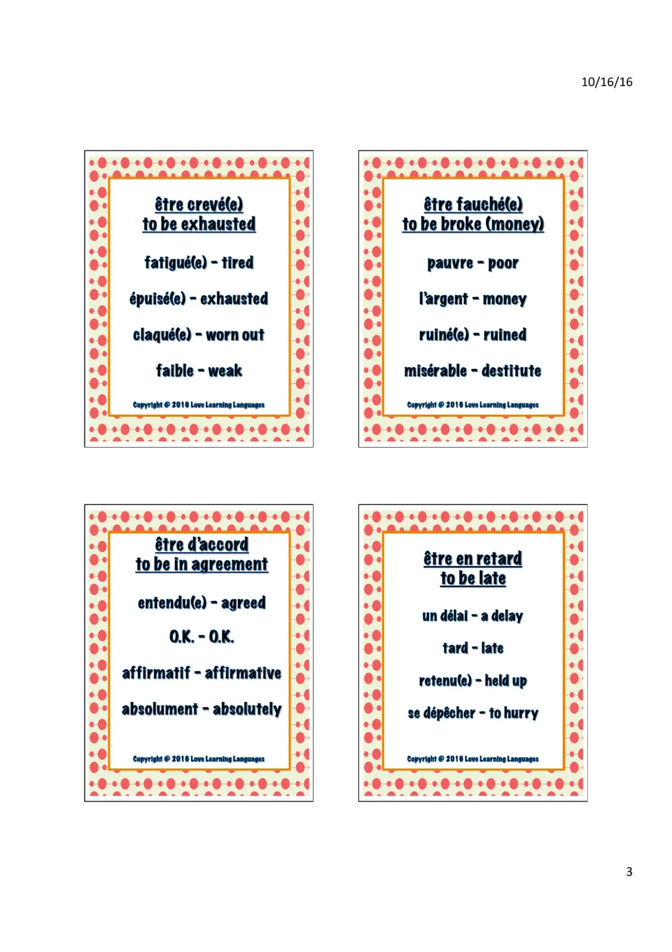 Être idiom taboo cards for crevé(e), fauché(e), d'accord and en retard; describe each without the 4 listed words