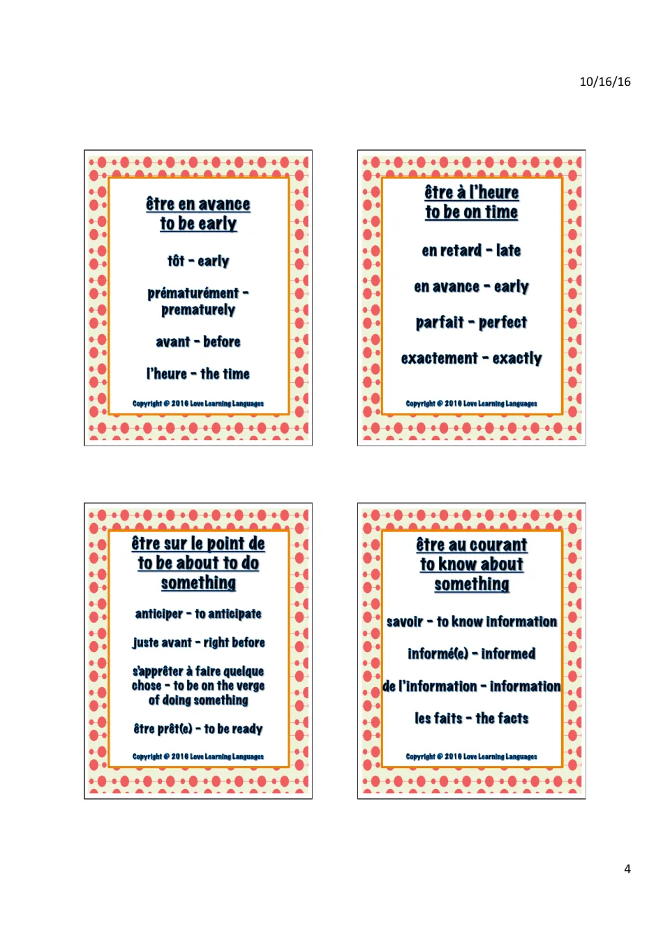 Time and knowledge taboo cards: être en avance, à l'heure, sur le point de and au courant, with English meanings
