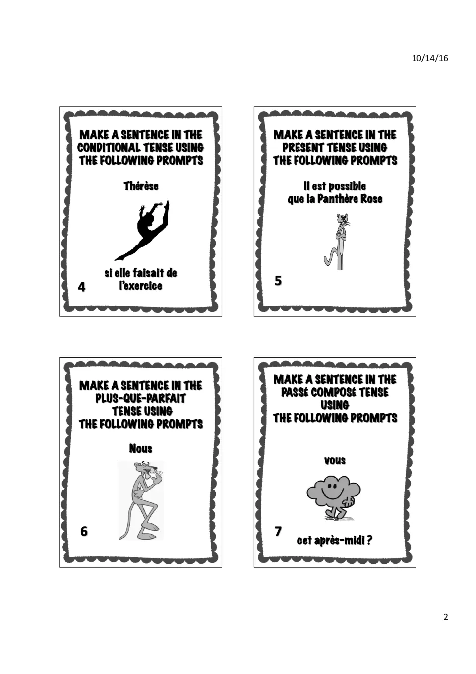 Task cards 4–7: conditional (Thérèse), present (Il est possible…), plus-que-parfait (Nous), passé composé (vous)