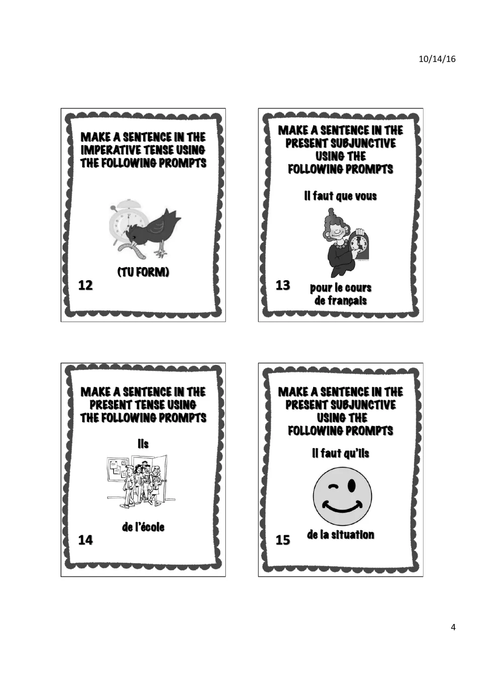 Task cards 12–15: imperative (tu form), present 'Ils… de l'école', subjunctive: 'Il faut que vous', 'qu'ils'
