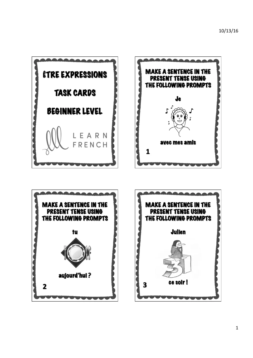 Être Expressions Task Cards cover card and cards 1–3: Je + avec mes amis, tu + aujourd'hui, Julien + ce soir