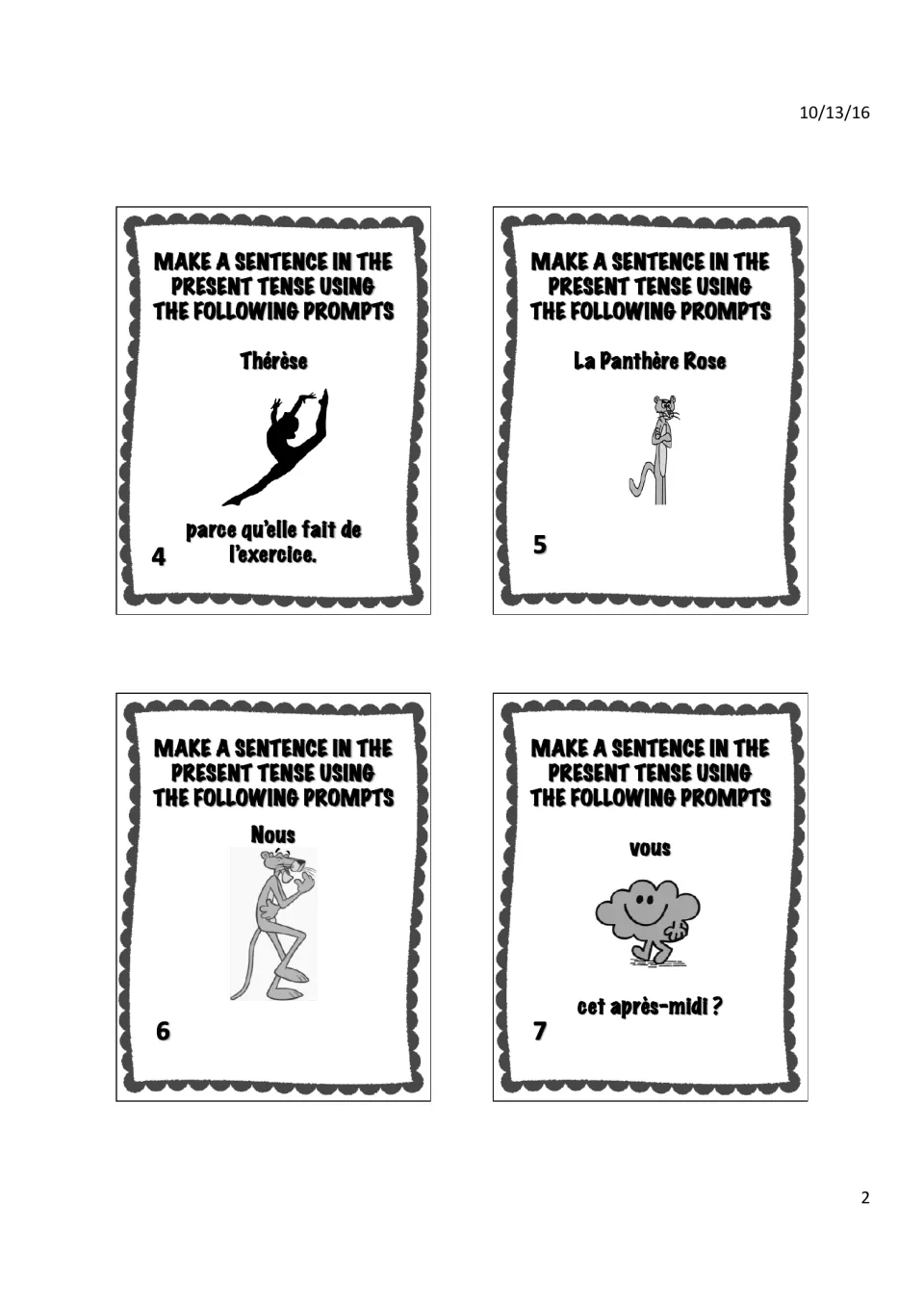 Être task cards 4–7 with subject prompts Thérèse, La Panthère Rose, Nous and vous, each with a picture cue