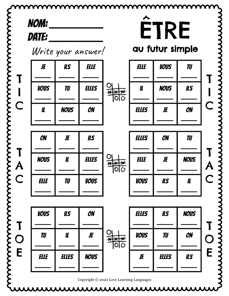 Writing version of six French tic-tac-toe games asking for future forms of être (to be) for given pronouns.