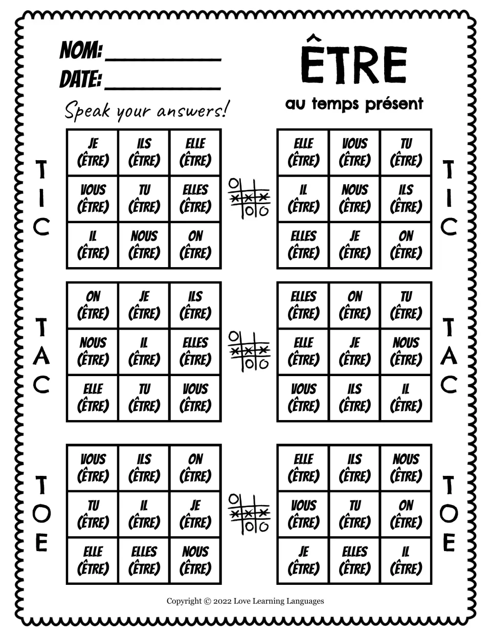 Speaking practice for six être (to be) present-tense tic-tac-toe games using je, tu, il, elle and more.