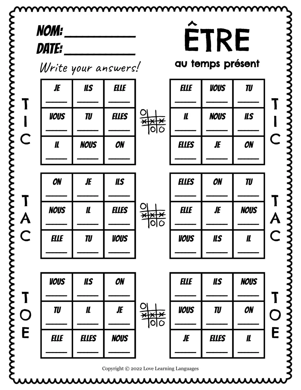 Writing practice for six être (to be) present-tense tic-tac-toe games using nous, vous, ils, elles and more.