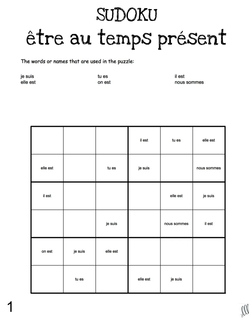 French être (to be) sudoku 1 using je suis, tu es, il est, elle est, on est, and nous sommes.