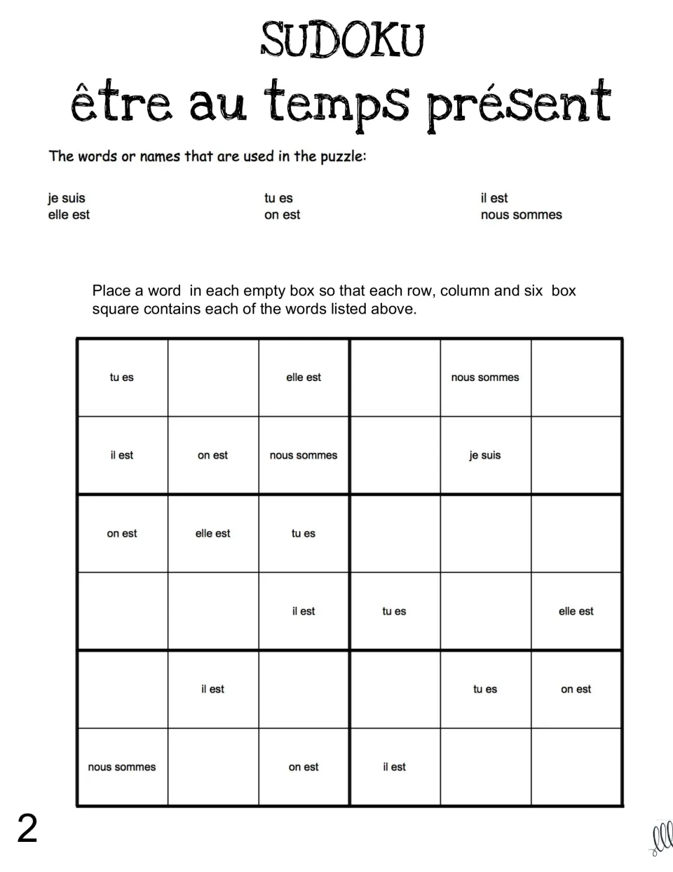 French être (to be) sudoku 2 using je suis, tu es, il est, elle est, on est, and nous sommes.