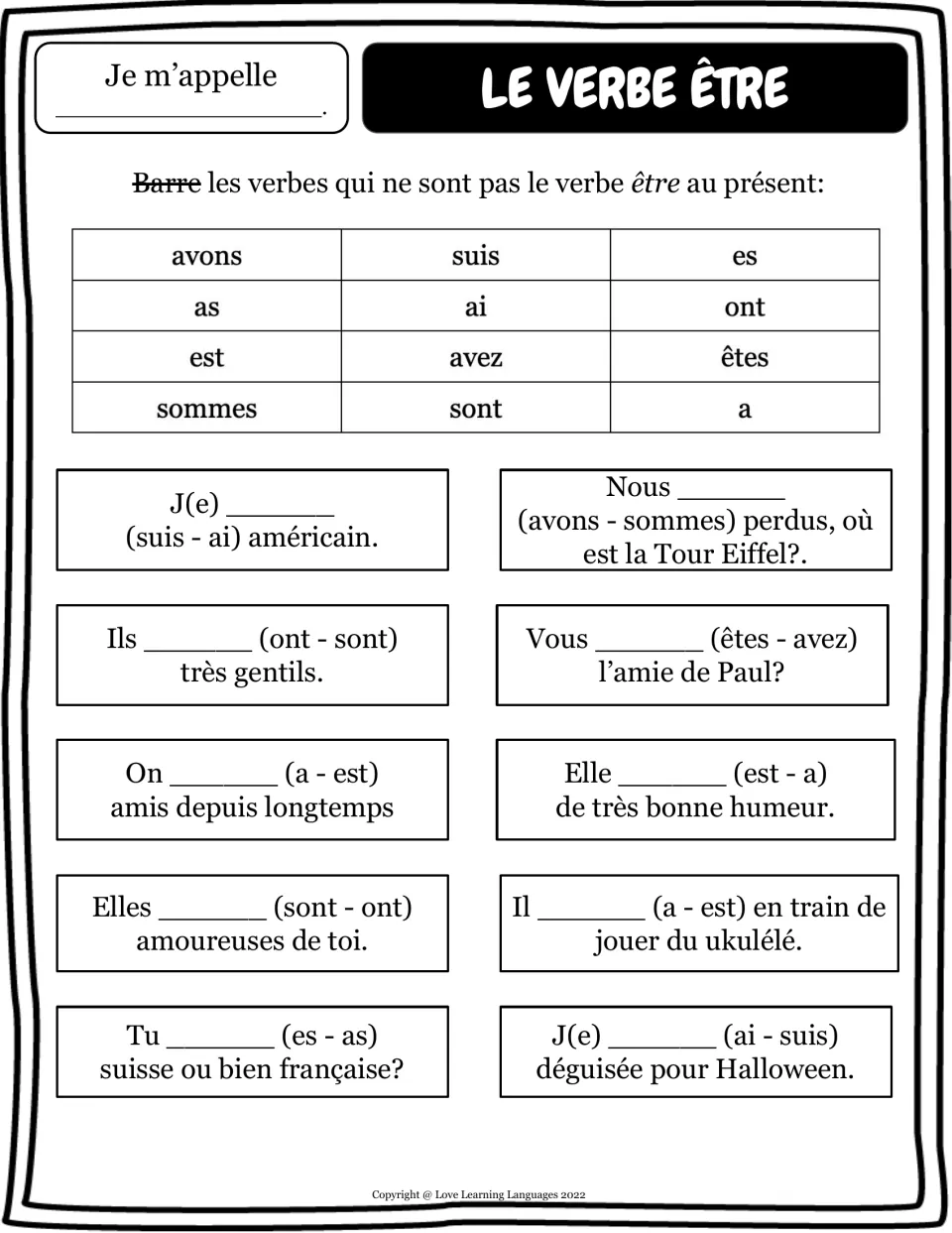 Être or avoir: students cross out 6 avoir forms in a 12-word bank, then pick suis or ai, sont or ont, in 10 sentences