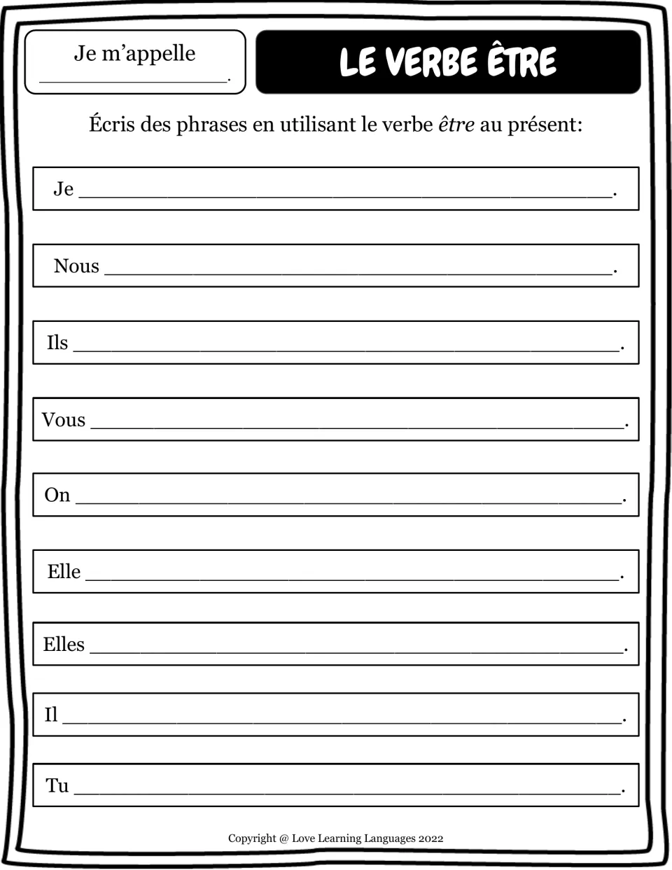 Sentence writing: students compose their own present-tense sentences with être, one for each pronoun from Je to Tu