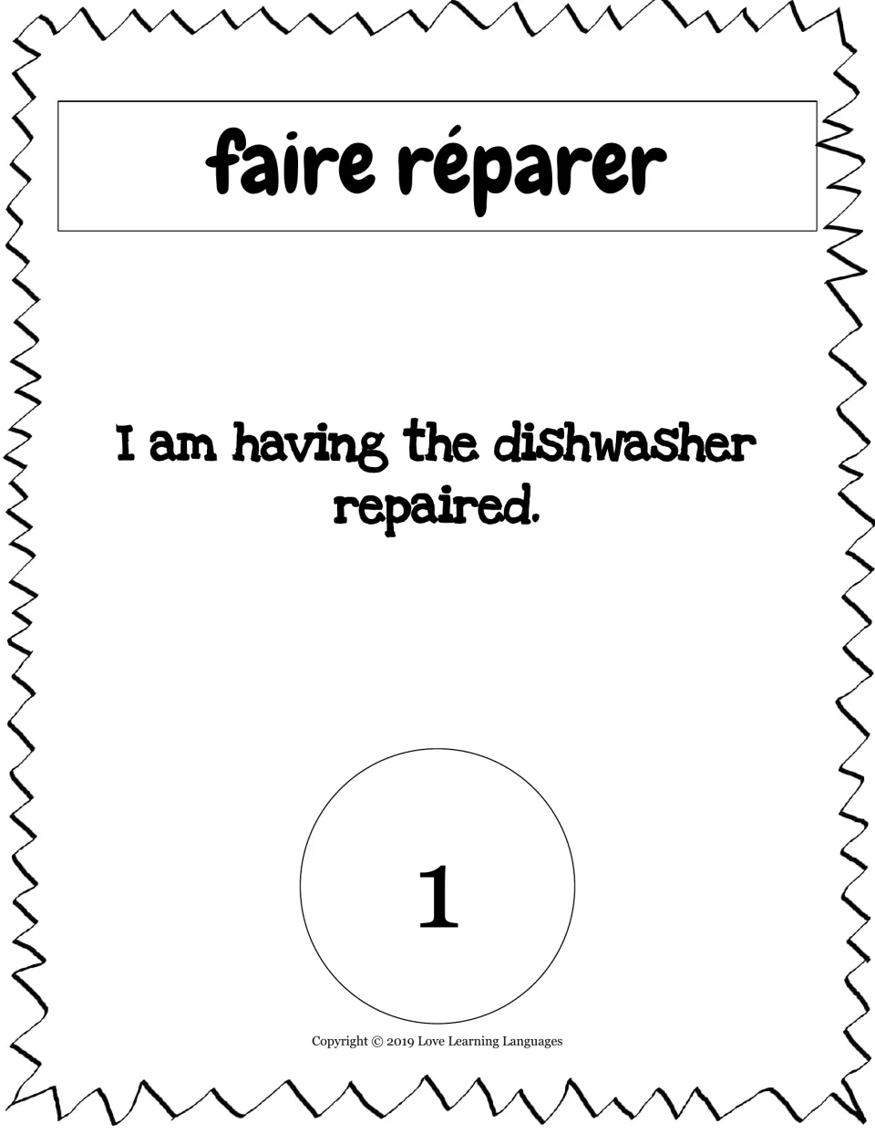 Translation card 1, faire réparer (to have repaired): 'I am having the dishwasher repaired.'