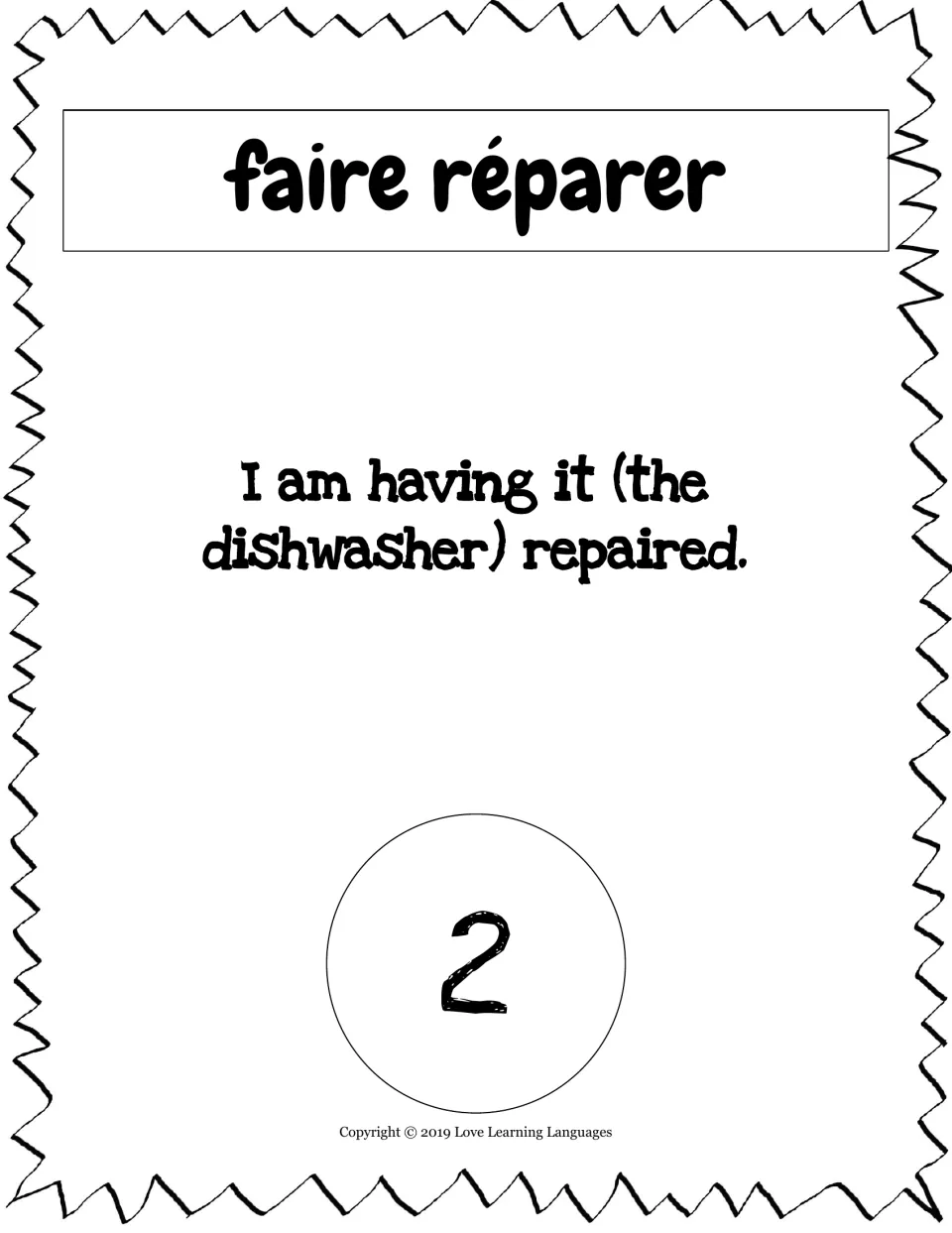 Translation card 2, faire réparer (to have repaired): 'I am having it (the dishwasher) repaired.'