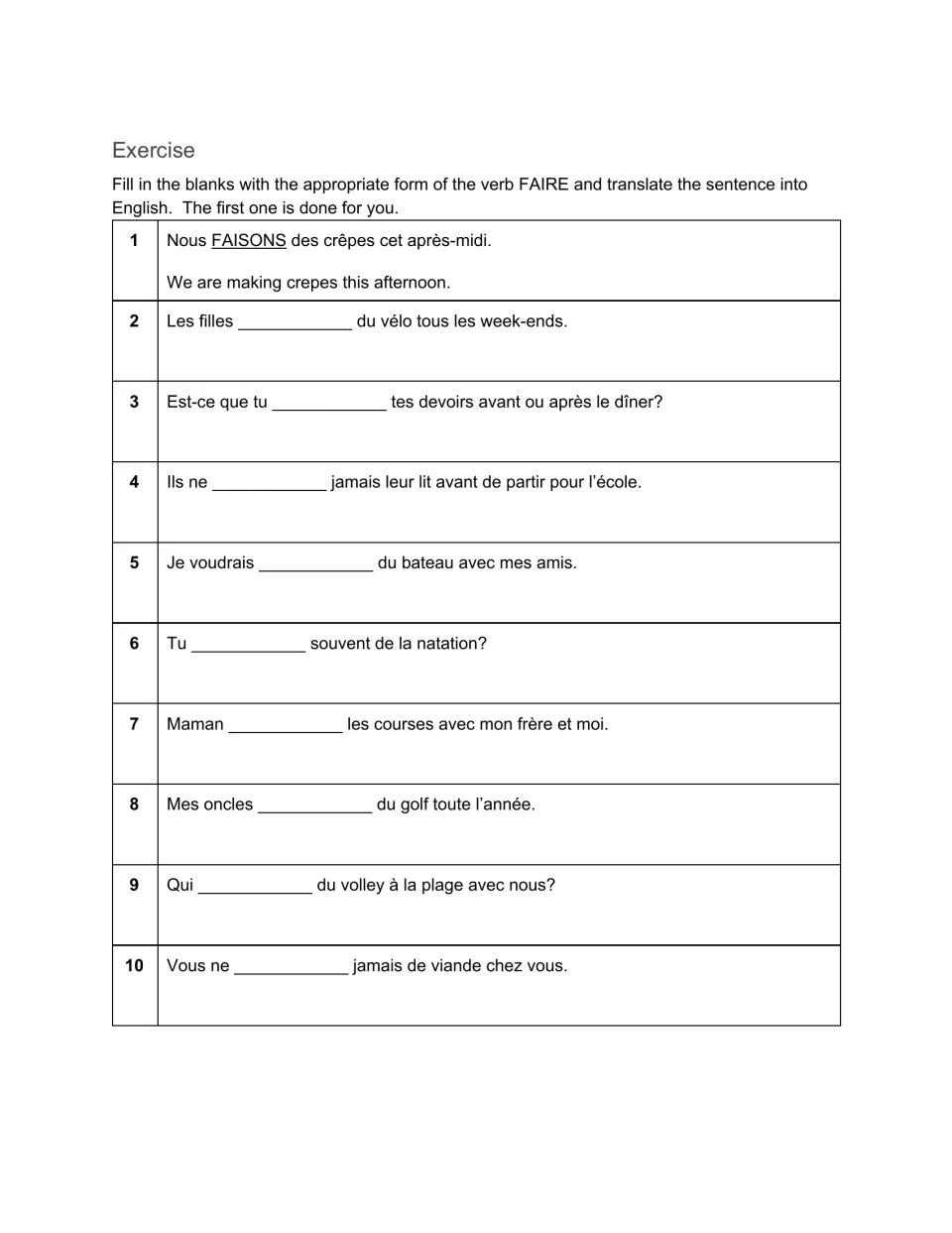 Faire practice: students fill in the correct form of faire in 10 sentences about sports and chores, then translate