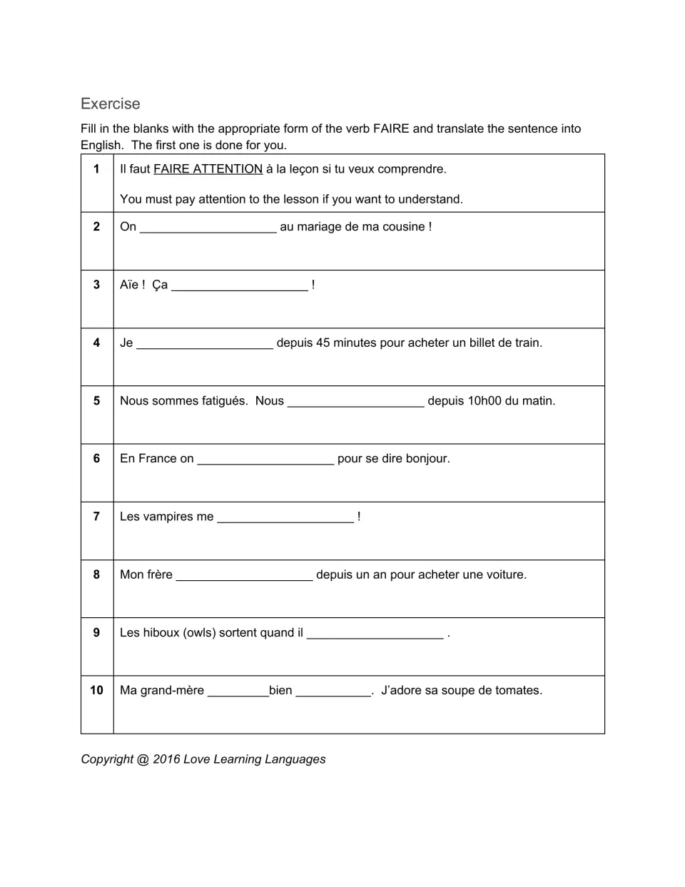 Faire idioms: students complete 10 sentences with expressions like faire attention and faire la bise, then translate