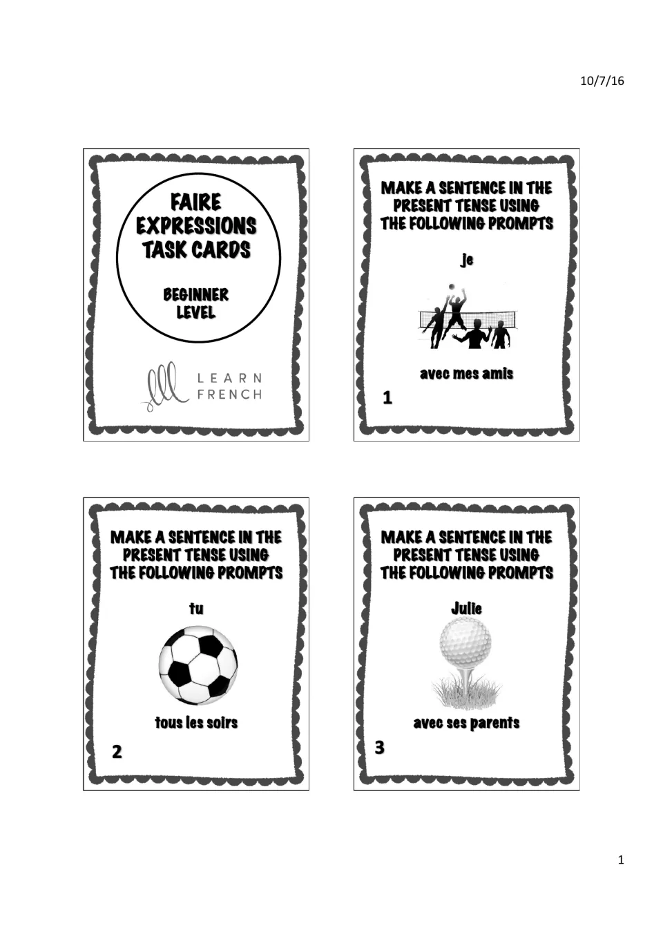 Title card and task cards 1–3: je + volleyball + avec mes amis, tu + soccer + tous les soirs, Julie + golf