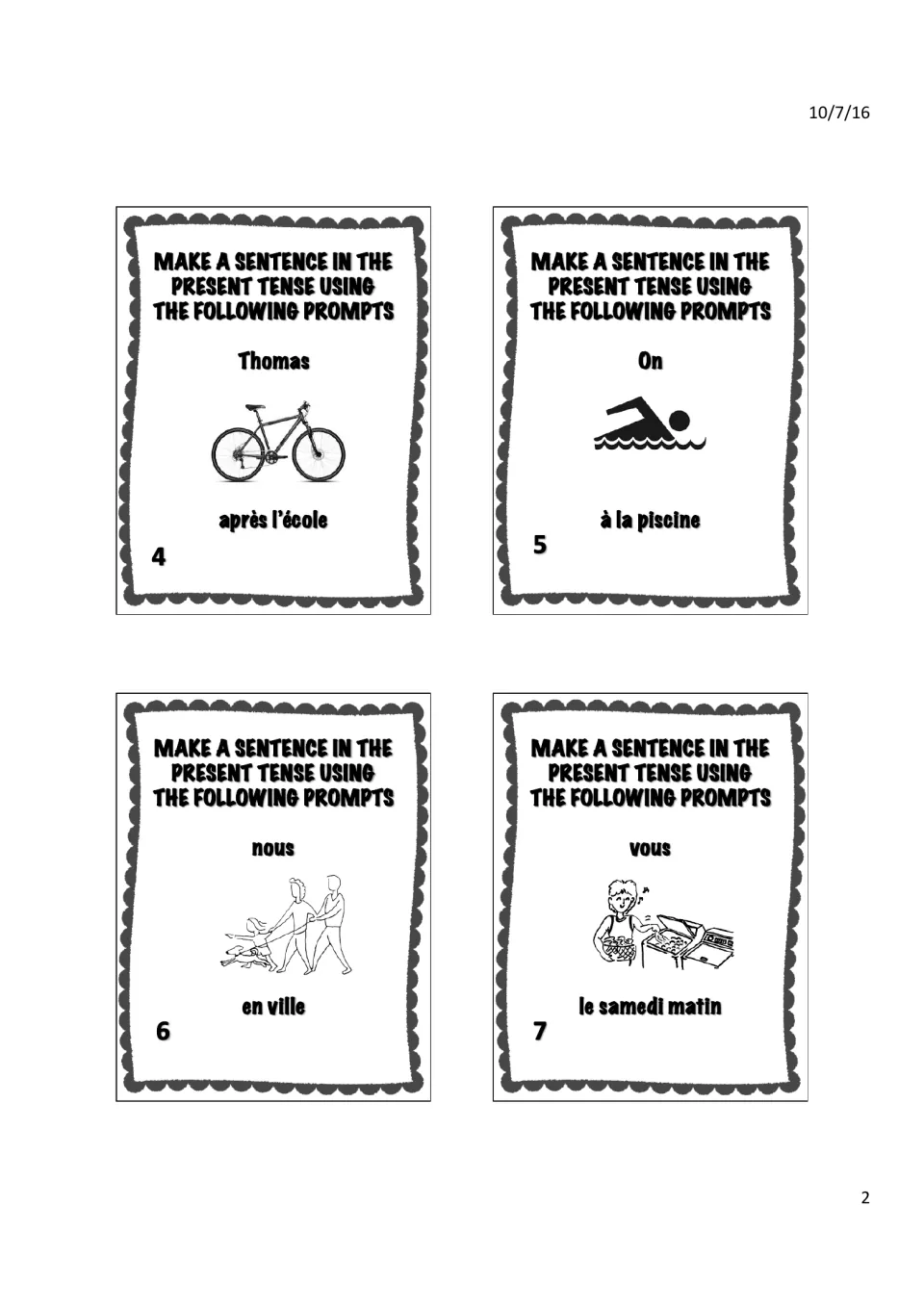 Task cards 4–7: Thomas + bike + après l'école (after school), On + swimming, nous + walking, vous + cooking