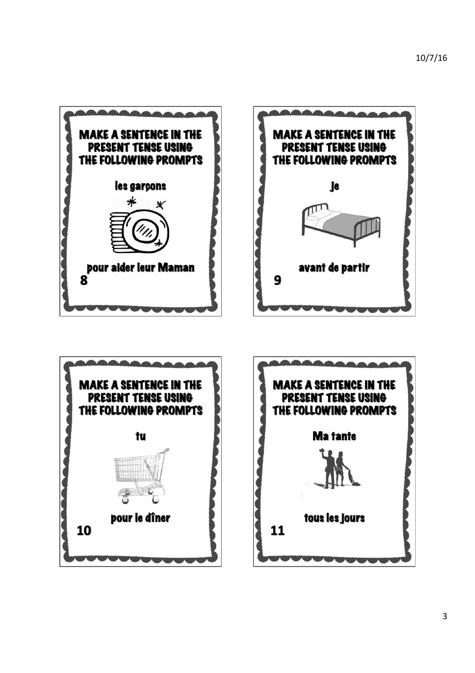 Task cards 8–11: les garçons + dishes, je + making the bed, tu + shopping cart, Ma tante + cleaning tous les jours