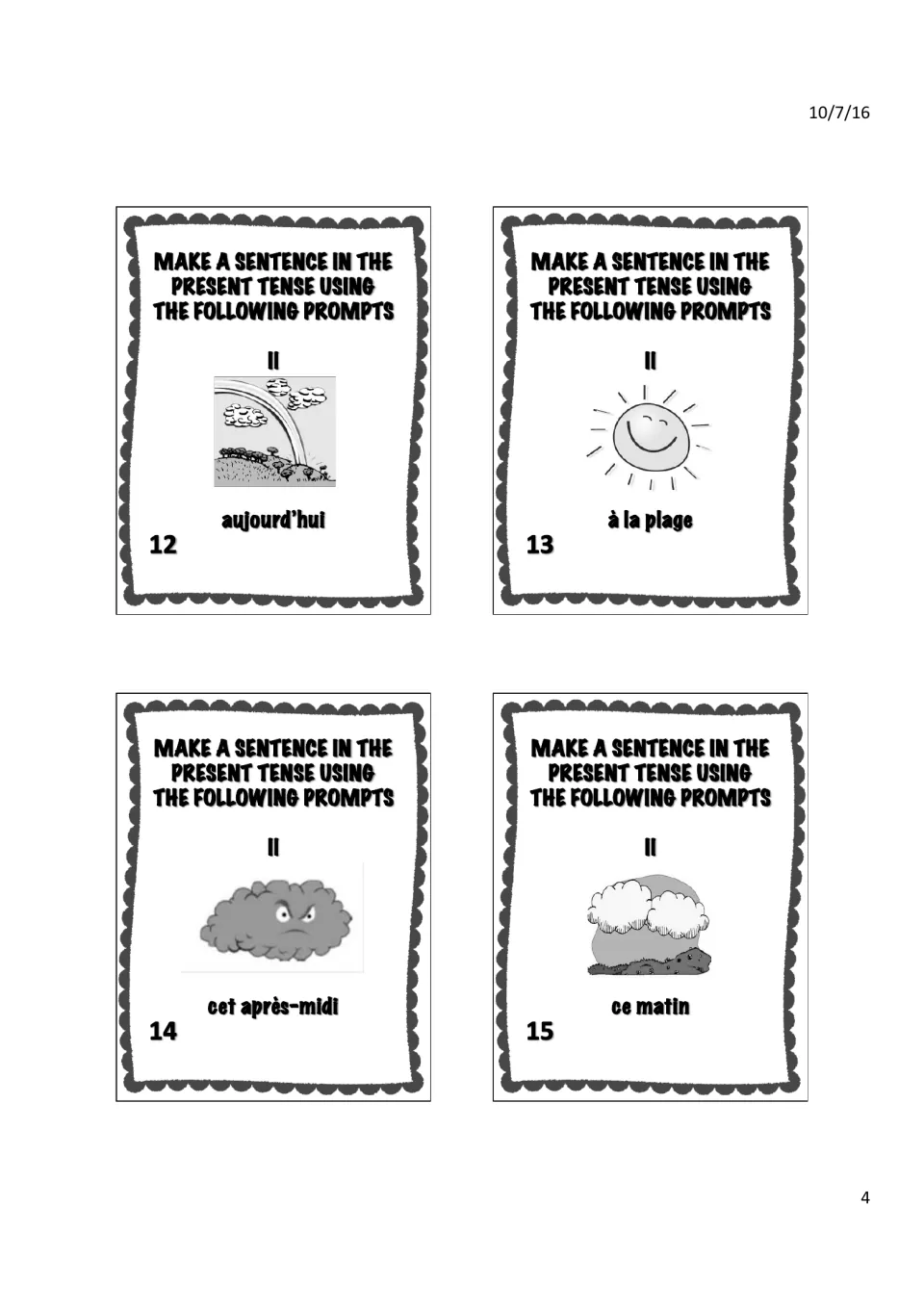 Weather task cards 12–15 with Il: rainbow + aujourd'hui (today), sun + à la plage, storm cloud, clouds + ce matin