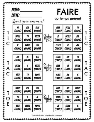 French: Faire Present Tense Tic Tac Toe Game – cover