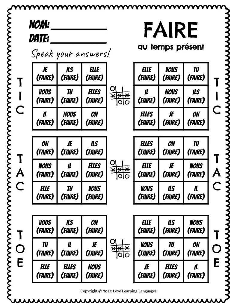 French: Faire Present Tense Tic Tac Toe Game – cover