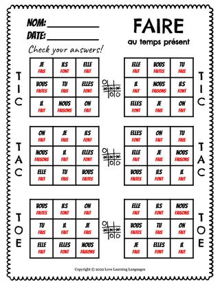French: Faire Present Tense Tic Tac Toe Game – sample page 2