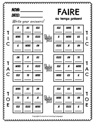 French: Faire Present Tense Tic Tac Toe Game – sample page 3