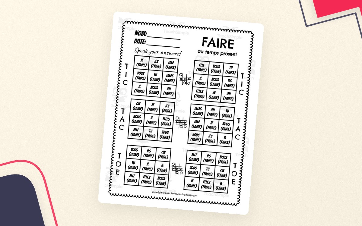 French: Faire Present Tense Tic Tac Toe Game preview