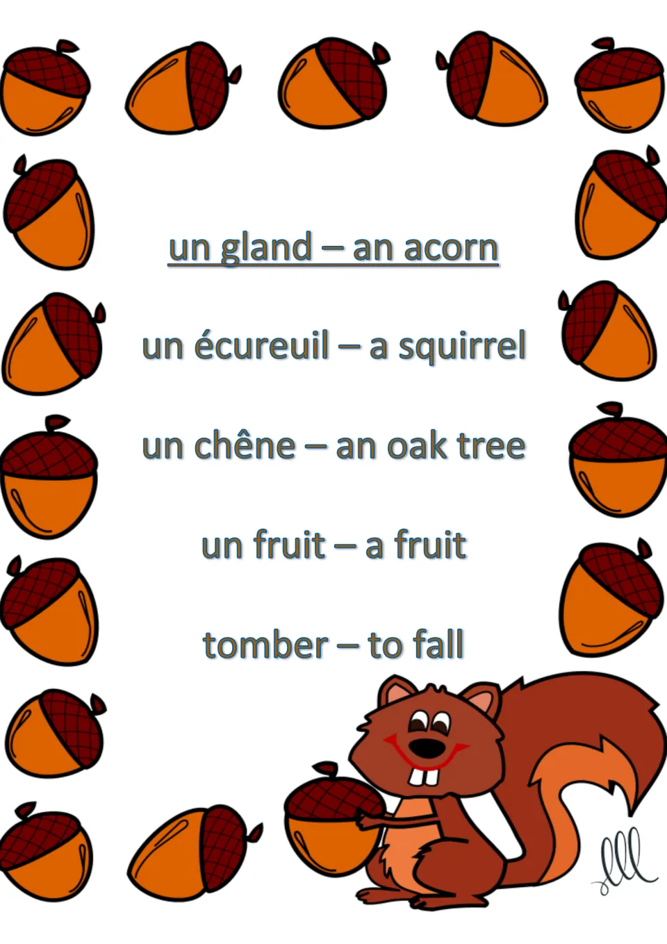 French Taboo card for un gland (an acorn), with squirrel, oak tree, fruit and to fall in French and English