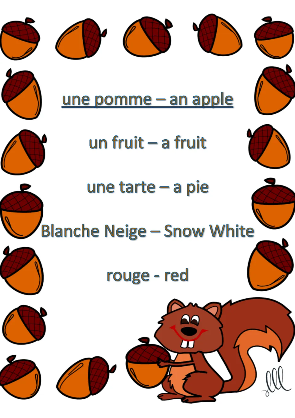 French Taboo card for une pomme (an apple), with fruit, pie, Snow White and red in French and English
