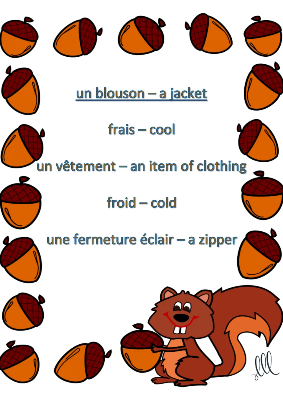 French Taboo card for un blouson (a jacket), with cool, an item of clothing, cold and a zipper as related terms