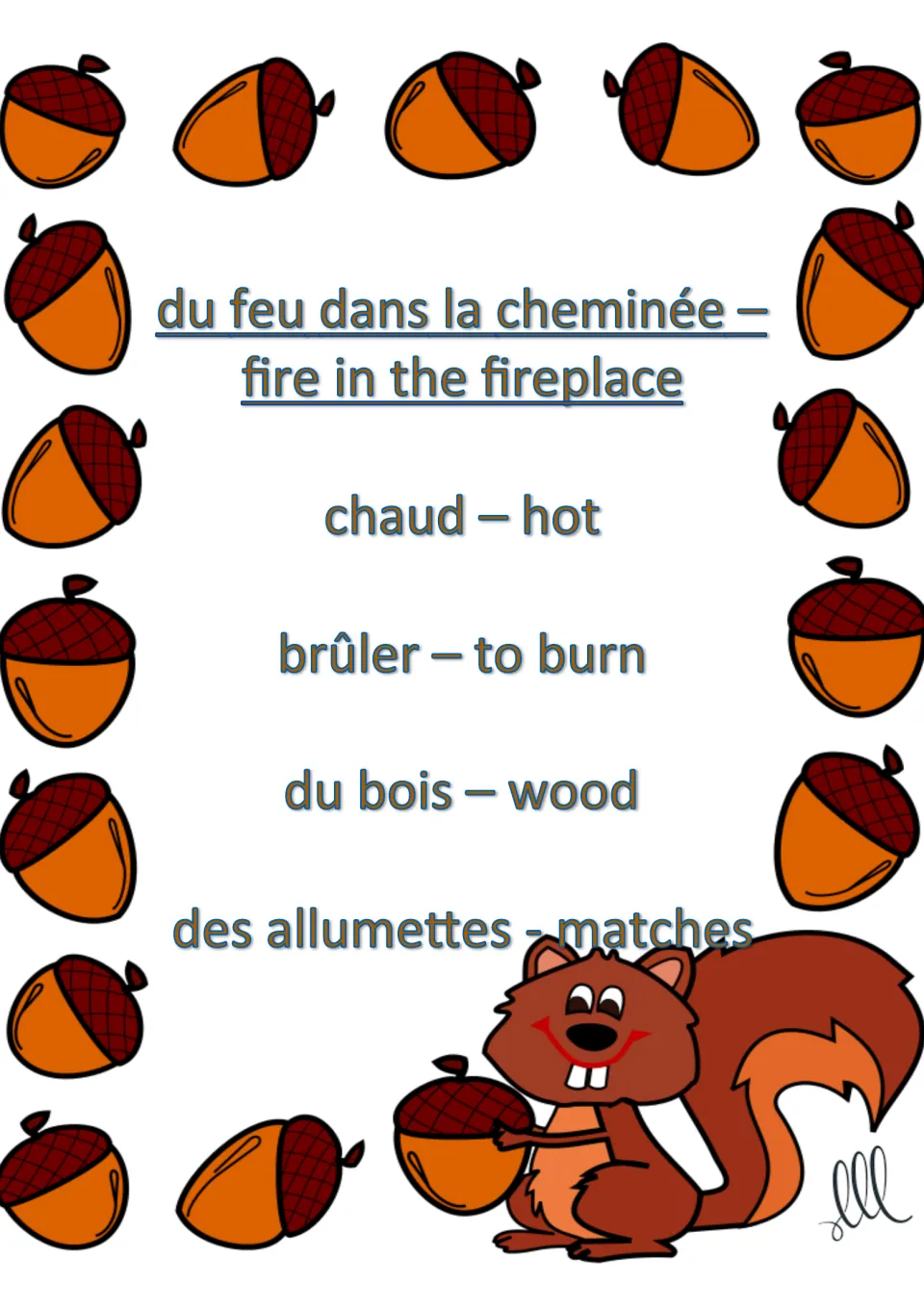 French Taboo card for du feu dans la cheminée (fire in the fireplace), with hot, to burn, wood and matches