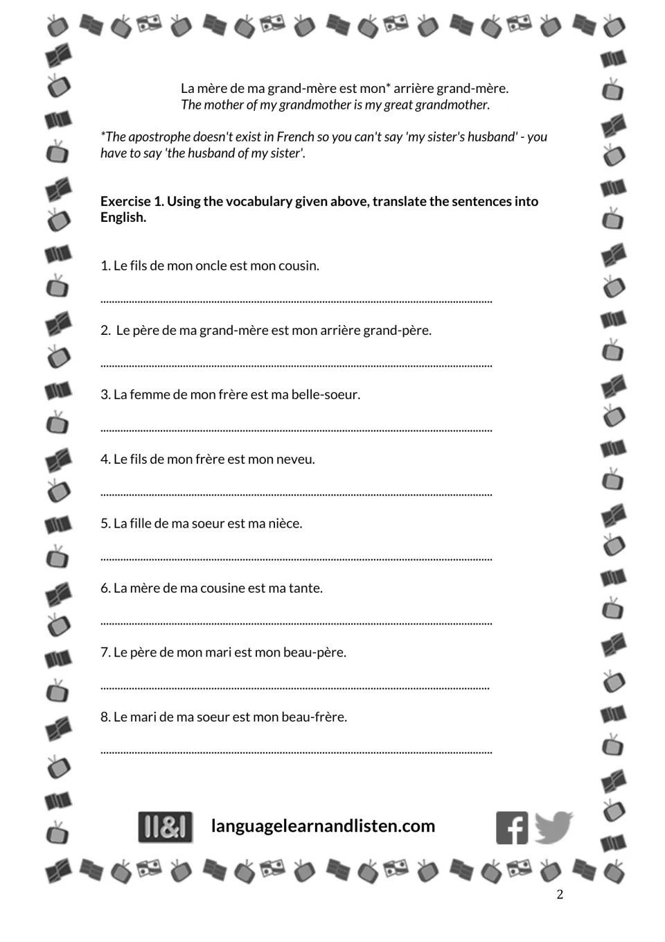 Exercise 1, items 1-8: students translate French sentences such as 'Le fils de mon oncle est mon cousin' into English