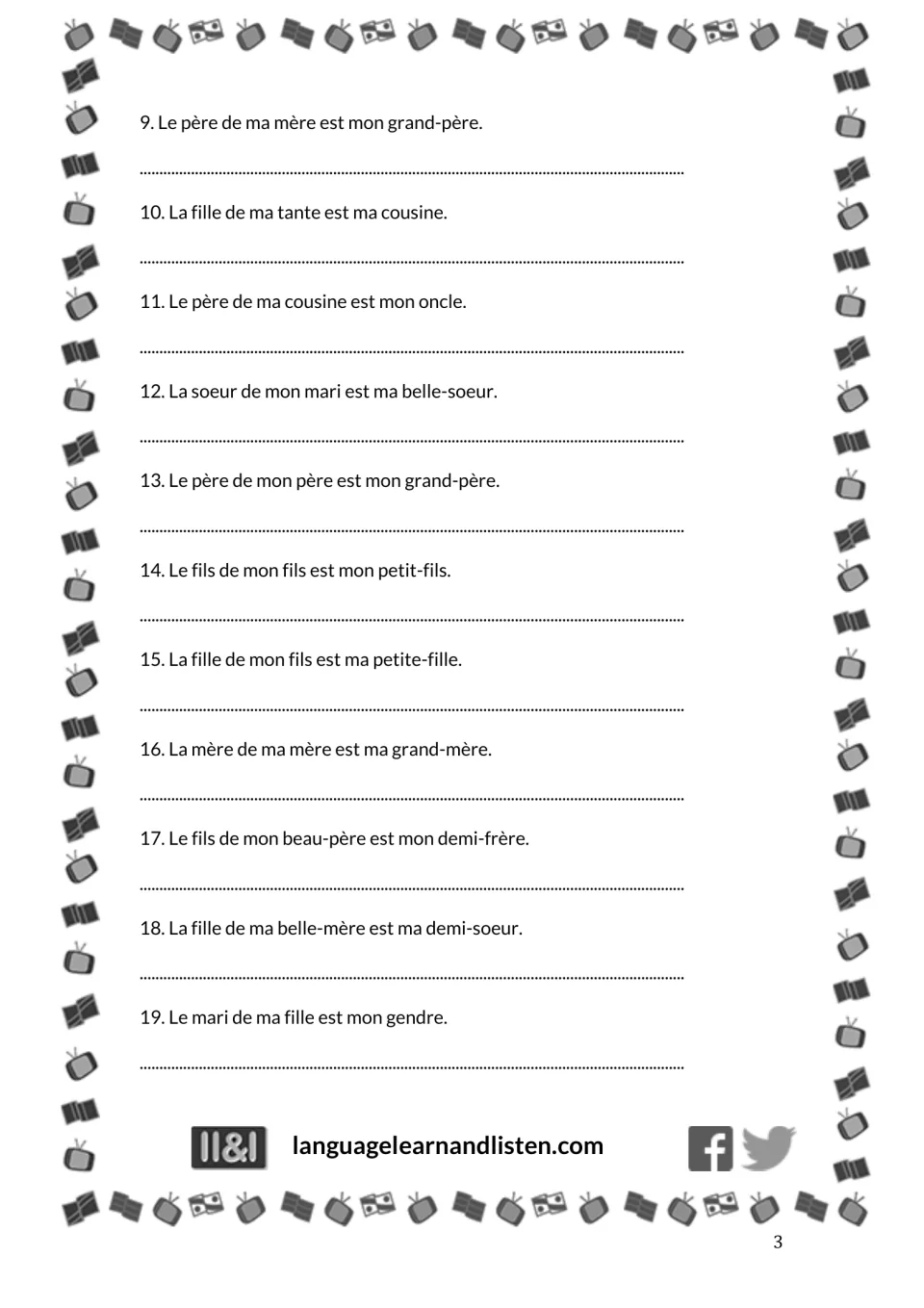 Translation items 9-19: students write English for French sentences on grandparents, in-laws, step-siblings and cousins