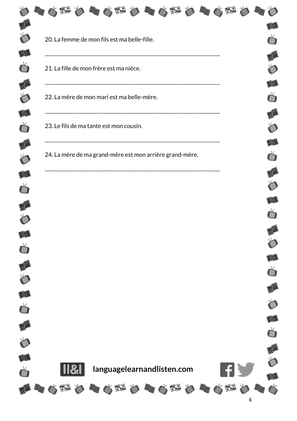 Final translation items 20-24: students put French sentences about nièce, belle-mère and arrière grand-mère into English